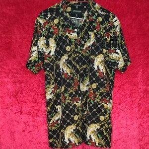 Drill clothing company tiger roses chain print button up shirt size large